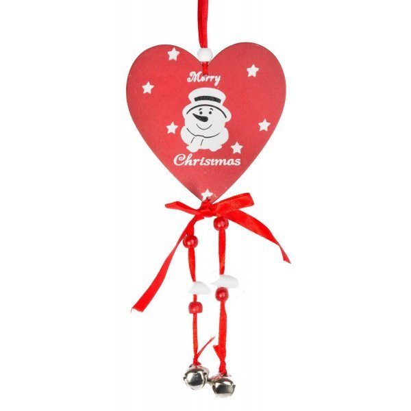 Χριστουγεννιάτικη Κρεμαστή Ξύλινη Καρδιά, Κόκκινη με Χιονάνθρωπο και Κουδουνάκια (30cm)